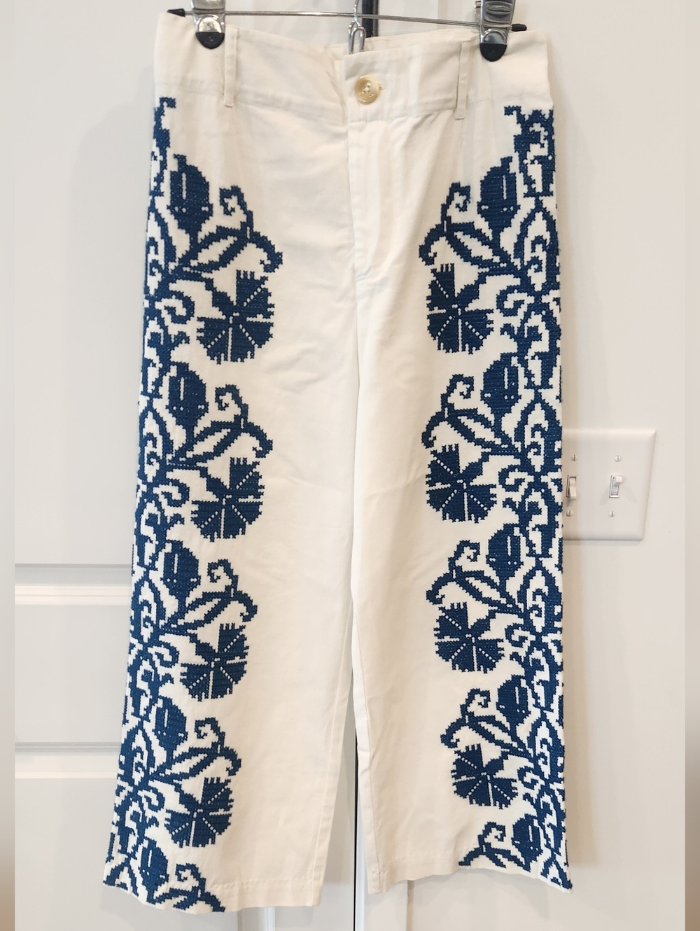 Anthropologie White Capris with Blue Embroidered Side Panels